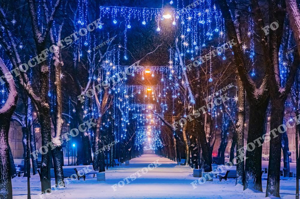 На фотографии изображена заснеженная аллея в одном из парков Санкт-Петербурга, украшенная яркими гирляндами и светящимися звездами. Голубые огоньки и снежный покров создают сказочную атмосферу зимней ночи. Эта праздничная иллюминация становится популярным местом для прогулок и фотографий в новогодние праздники. Теплый свет фонарей дополняет композицию и усиливает уютную атмосферу.